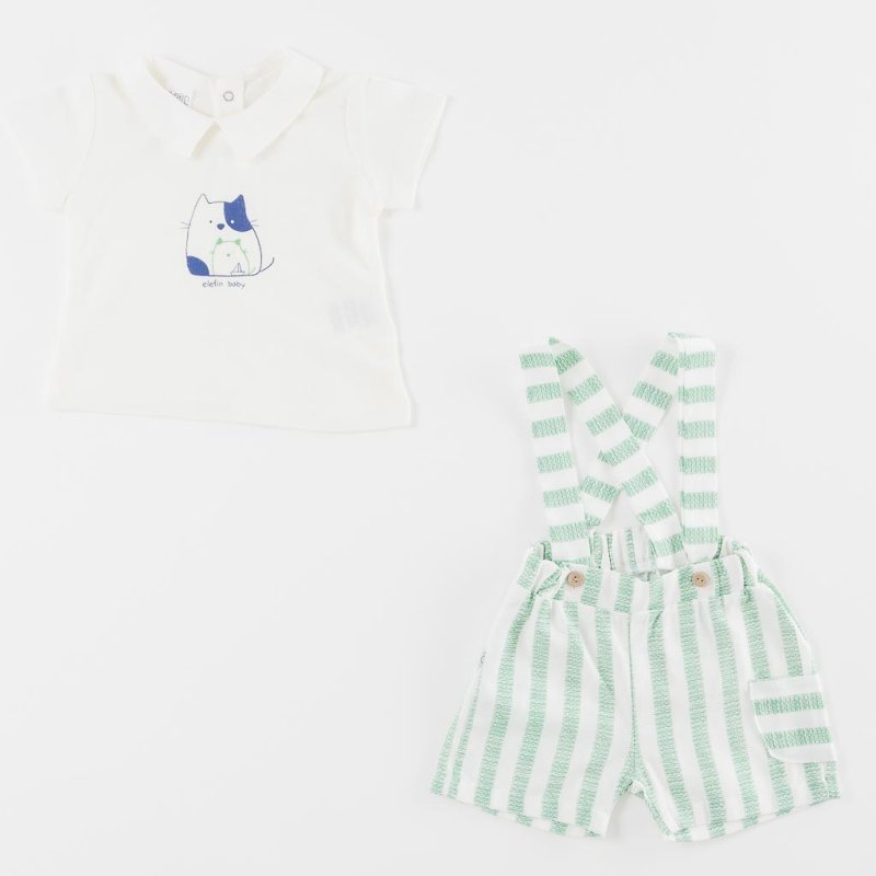 Baby set For a boy t-shirt and shorts with suspenders  Cats  Green