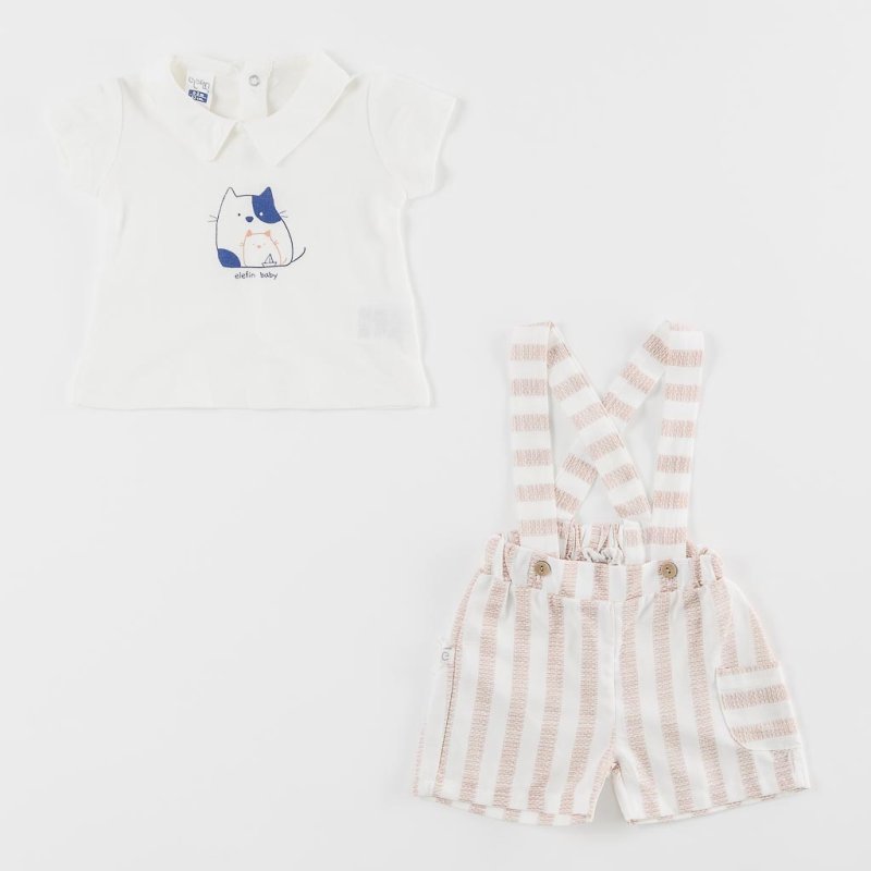 Baby set For a boy t-shirt and shorts with suspenders  Cats  Beige