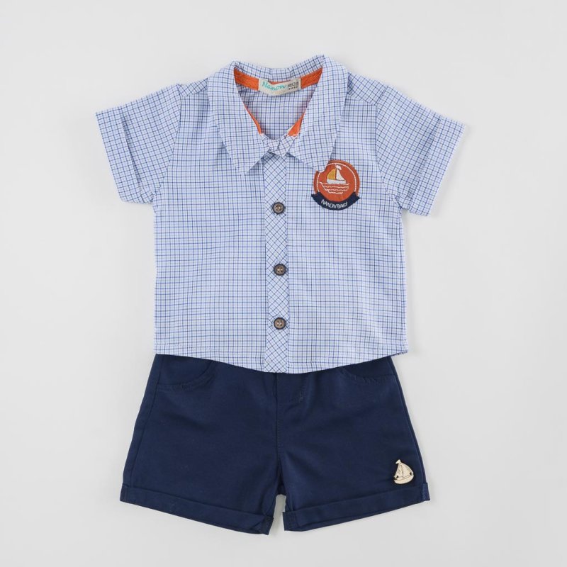Childrens clothing set For a boy Shirt with short sleeves and shorts  Boat Baby  Blue