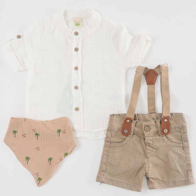 Childrens clothing set For a boy Shirt with short sleeves Denim shorts and bib  Coccosiss  White