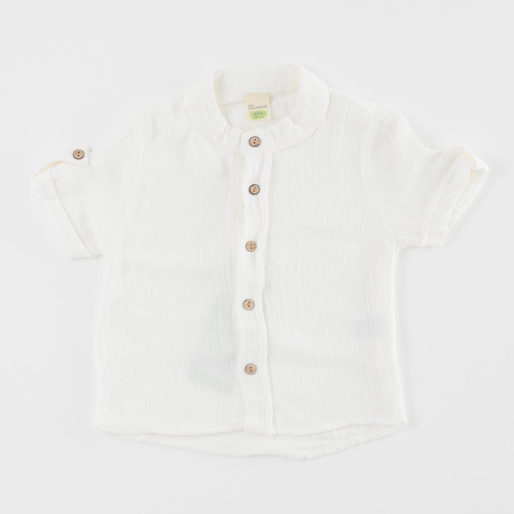 Детски комплект за момче риза с къс ръкав къси дънкови панталонки и лигавник Coccosiss Бял