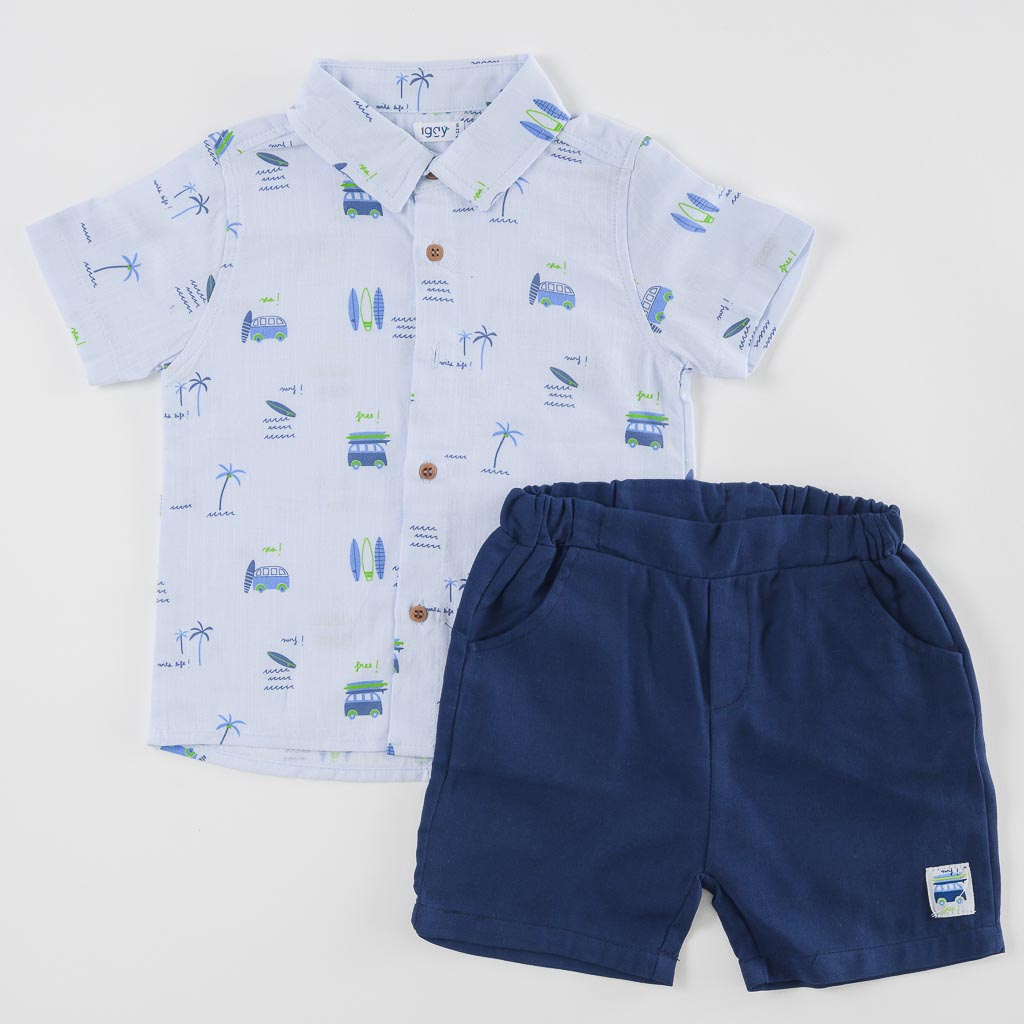 Детски комплект за момче риза с къс ръкав и къси панталонки Iggy Surf Син