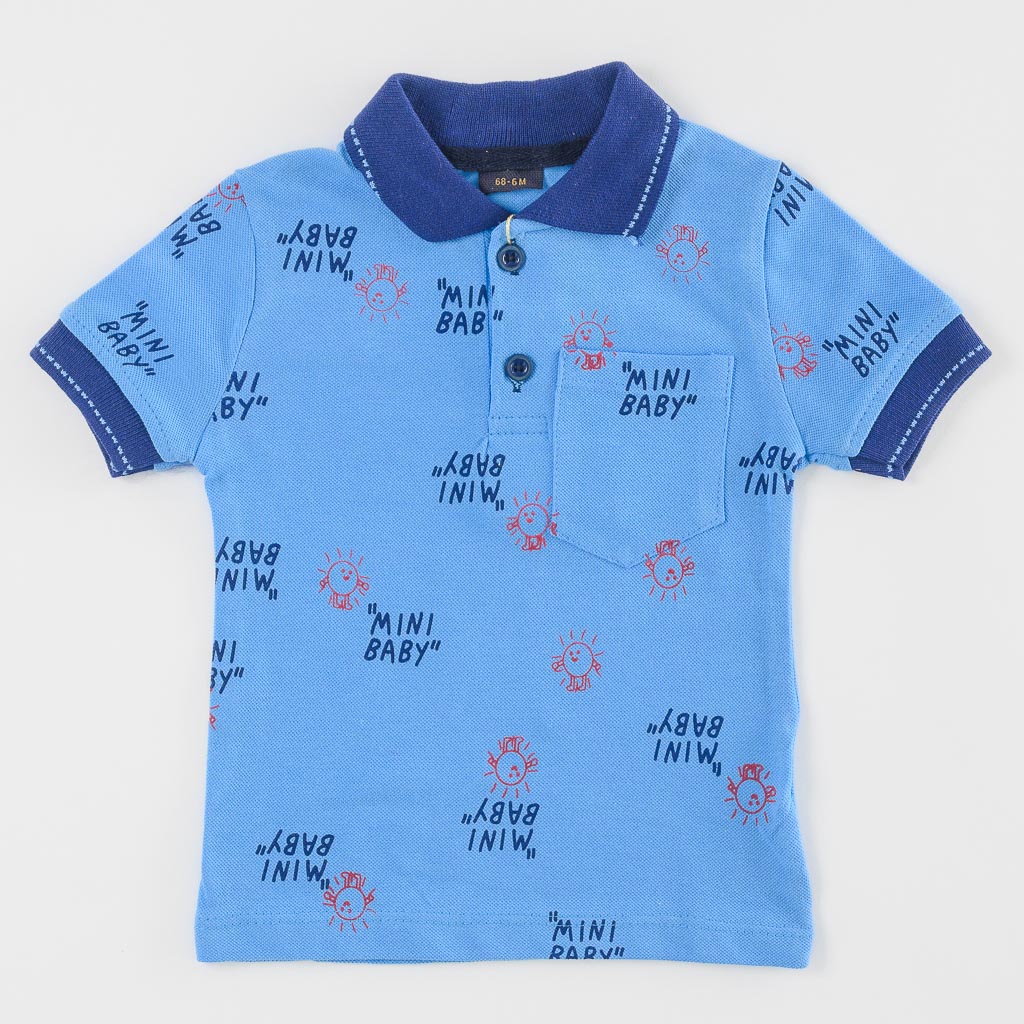 Детски комплект за момче тениска с яка и къси панталонки Mini Baby Син