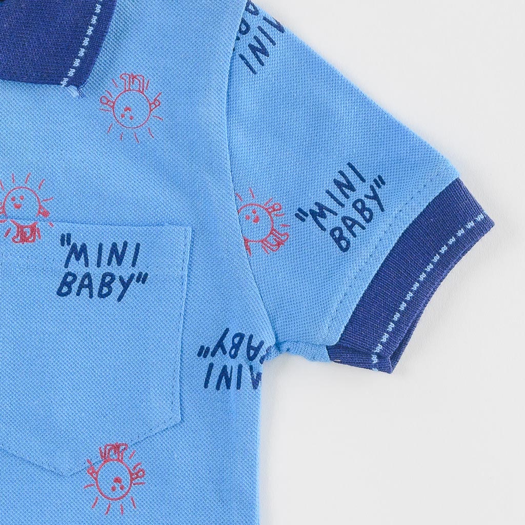 Детски комплект за момче тениска с яка и къси панталонки Mini Baby Син