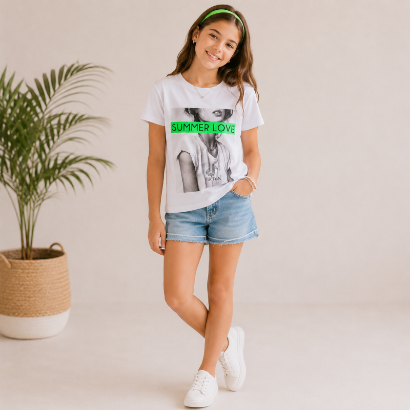 Детска тениска  момиче с щампа Summer love - Бяла