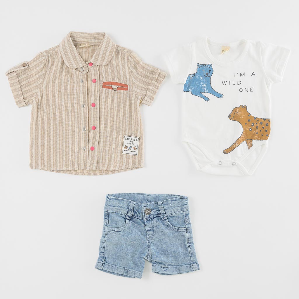 Бебешки комплект за момче риза боди и къси дънкови панталонки Im Wild One Бежов