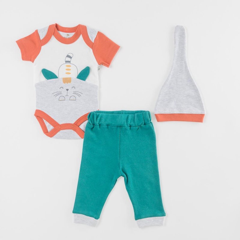 Baby set For a boy Bodysuit with short sleeves pants and a hat  Mini Remi Sweet Cat  Green