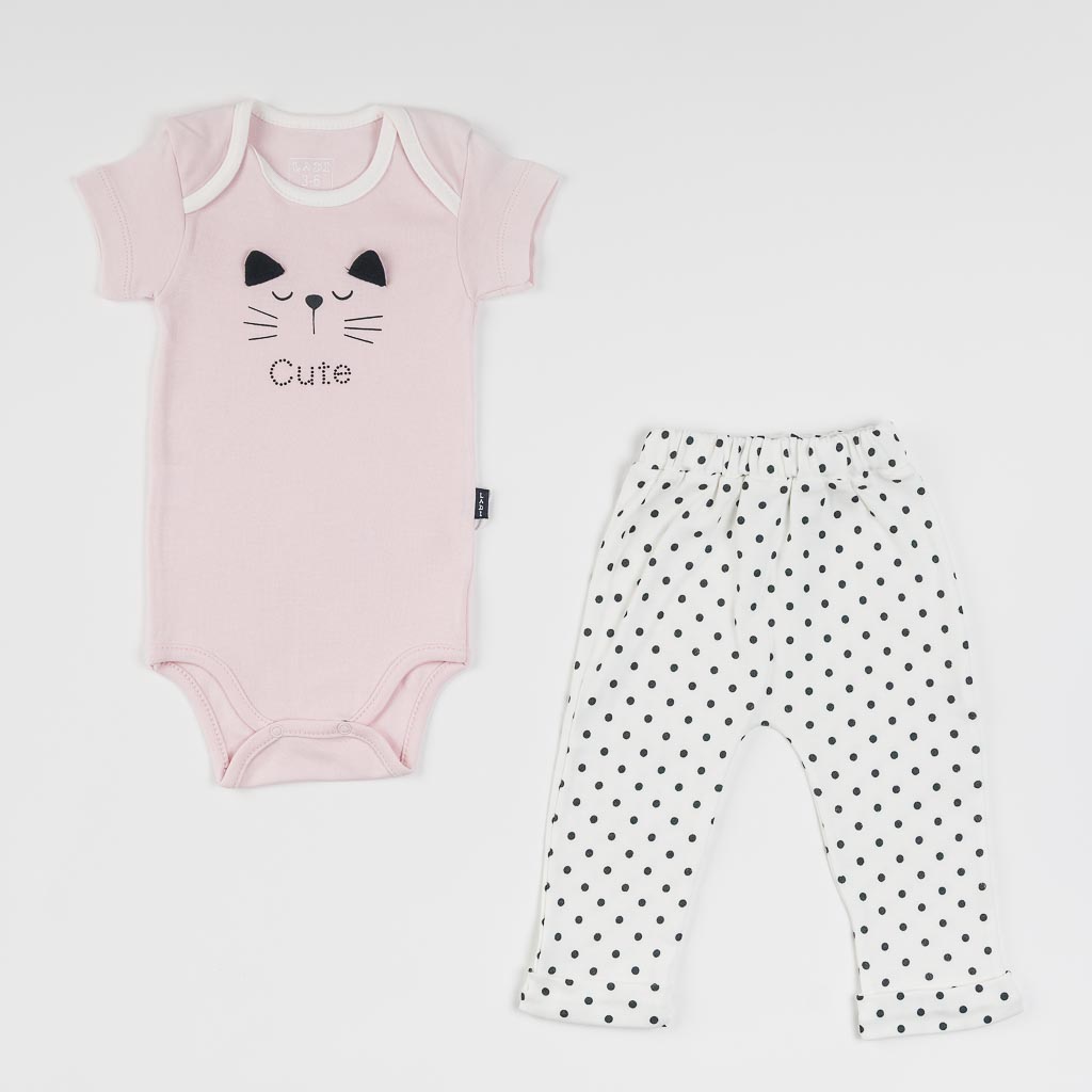 Бебешки комплект за момиче боди с къс ръкав и панталонки Ladi Mew Розов