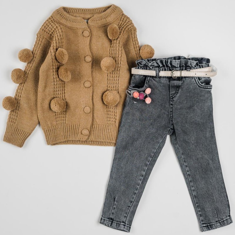 Set pentru copii Pentru fată Vestă tricotată şi Blugi  Warm Autumn  Maro