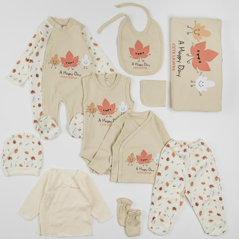 Set For a boy 10 parts  Happy Day Cute Leaves  Beige