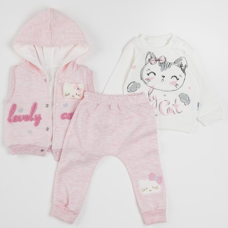 Βρεφικά σετ ρούχων Για Κορίτσι Μπλούζα παντελονακι με Γιλέκο  Baby Lovley Cat  Ροζ