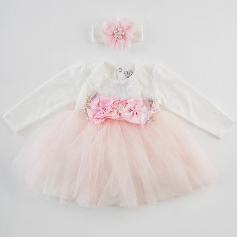 Βρεφικο επισημο φορεμα με τουλι με κορδελα για μαλλια  Pink Flowers for You  Ροζε