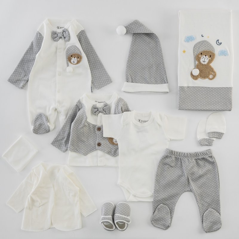 Βρεφικό σετ νεογέννητου με κουβερτουλα Για Κορίτσι 10 τεμαχια  Teddy Bear  Γκρί