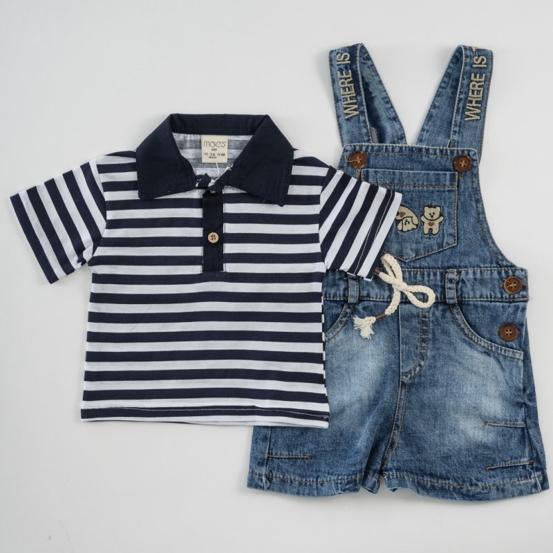 Бебешки комплект тениска и дънков гащеризон Moes Stripes