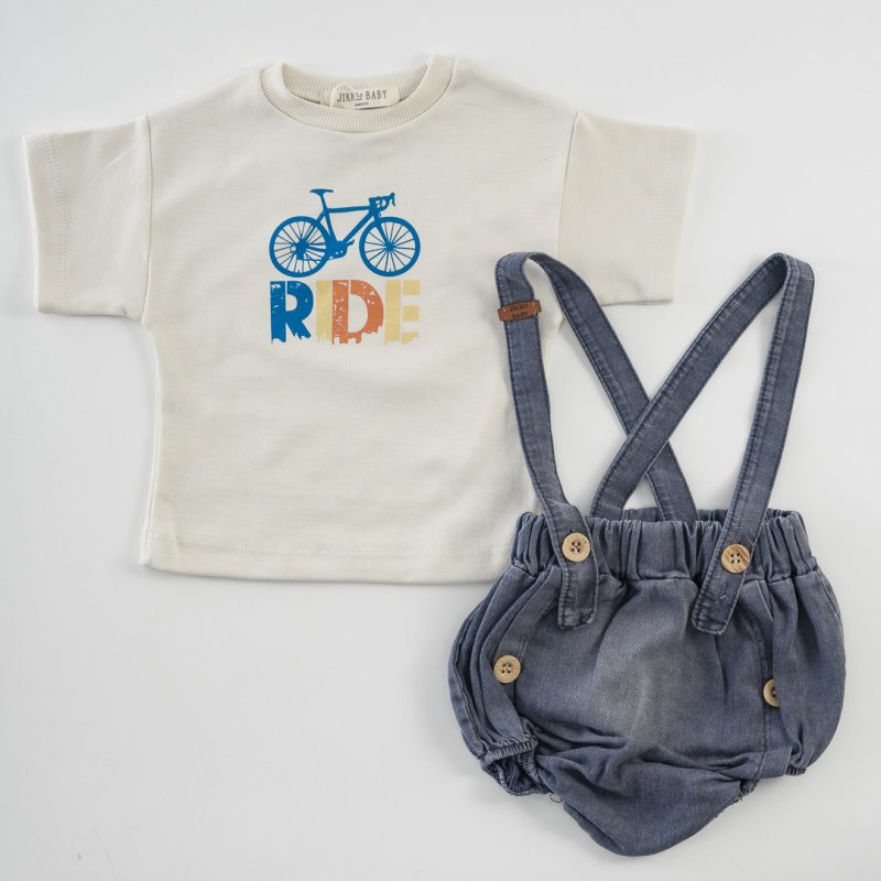 Βρεφικά σετ ρούχων Κοντομάνικη μπλούζα με γιακα με παντελονακι με τιραντες  Ride  Γκρί