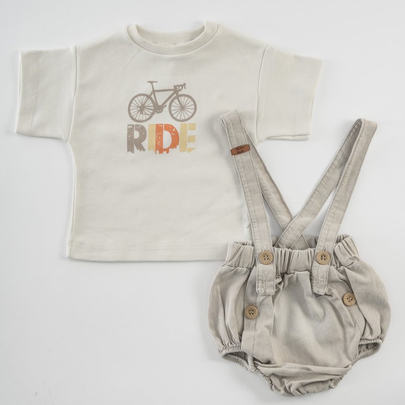 Βρεφικά σετ ρούχων Κοντομάνικη μπλούζα με γιακα με παντελονακι με τιραντες  Ride  Μπεζ