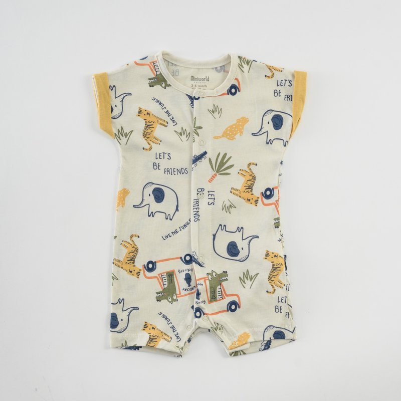 Baby overalls with short sleeves For a boy  Animals  Ecru