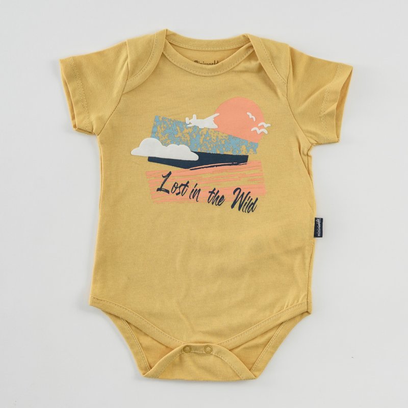 Baby bodysuit with short sleeves For a boy  Lost In The Wild  Mustard