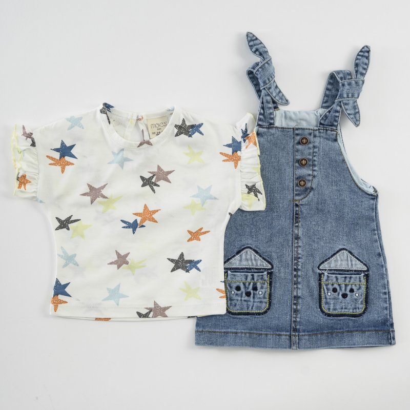 Бербешки комплект  Τζιν σαλοπετα φουστα με Κοντομάνικη μπλούζα  Star Baby