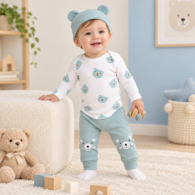 Бебешки комплект  момче боди панталонки и шапка Baby Bear