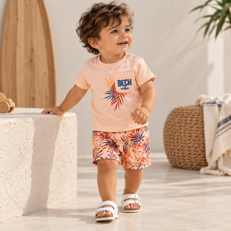 Бебешки комплект  момче тениска и къси панталони Miniworld Beach Vibe Праскова