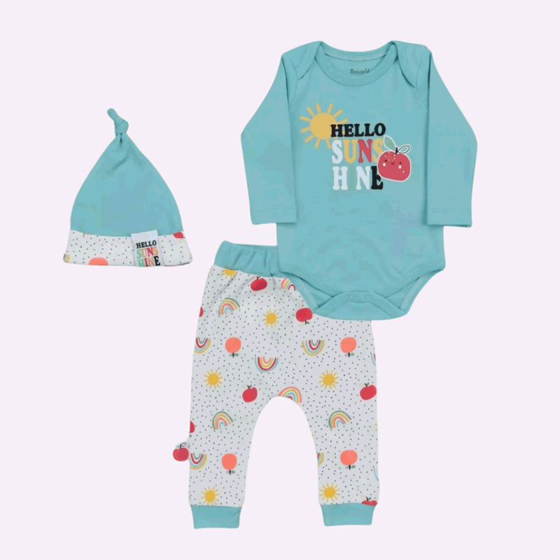 Бебешки комплект  момче боди панталонки и шапка Miniworld Hello Sunshine Син