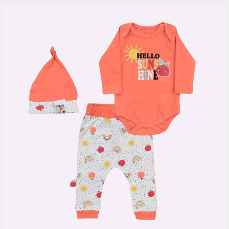 Бебешки комплект  момче боди панталонки и шапка Miniworld Hello Sunshine Оранжев