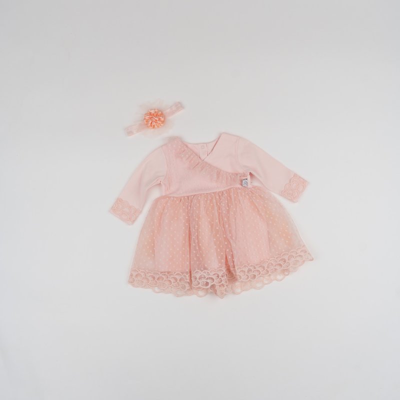 Бебешка официална рокля с дълъг ръкав и тюл + лента  коса Born So Cute Праскова