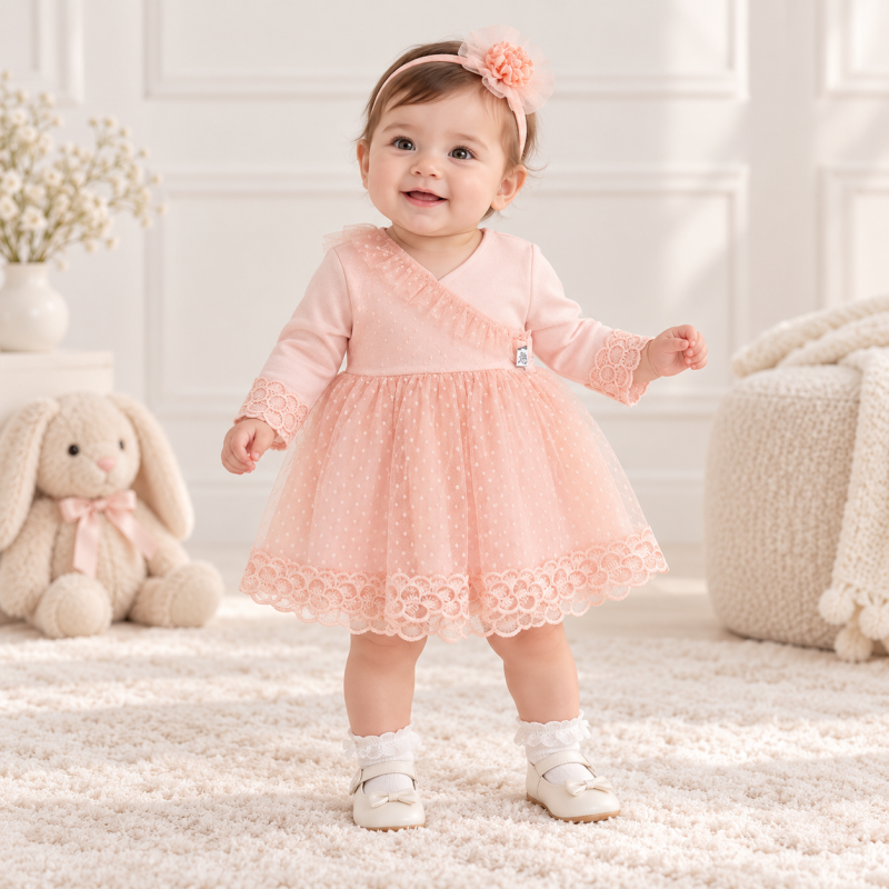 Бебешка официална рокля с дълъг ръкав и тюл + лента  коса Born So Cute Праскова