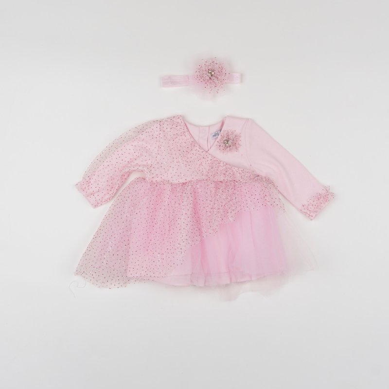 Бебешка официална рокля с тюл и лента  коса MiniBorn Sparkle Розова