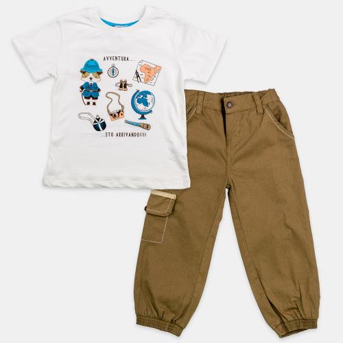 Детски комплект за момче Aventura с тениска дълъг панталон Бял