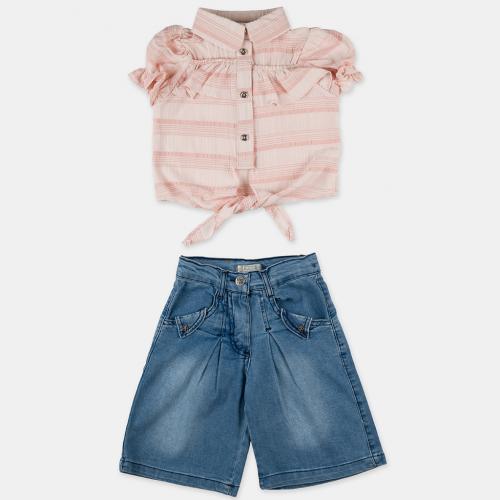 Детски комплект за момиче риза с къс ръкав дънки 7/8 Butterfly Розов